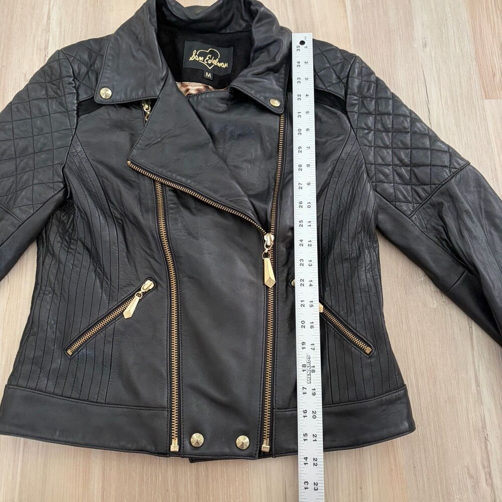SAM EDELMAN Womans Black Leather Moto Jacket Gold Zipper Coat Jacket Size Medium - Picture 5 of 9